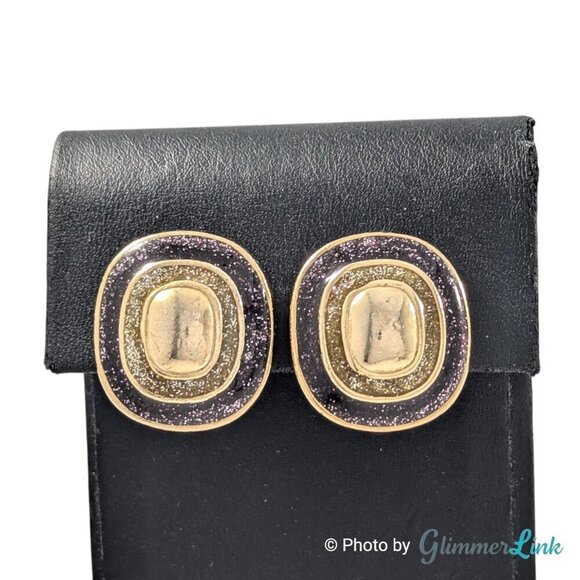 Vintage 80s Dark Purple Glittery Enamel Geometric Gold Tone Clip On Earrings - Picture 3 of 8